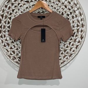 Lulus Flirty Little Secret Taupe Ribbed Cutout Short Sleeve Top size small
